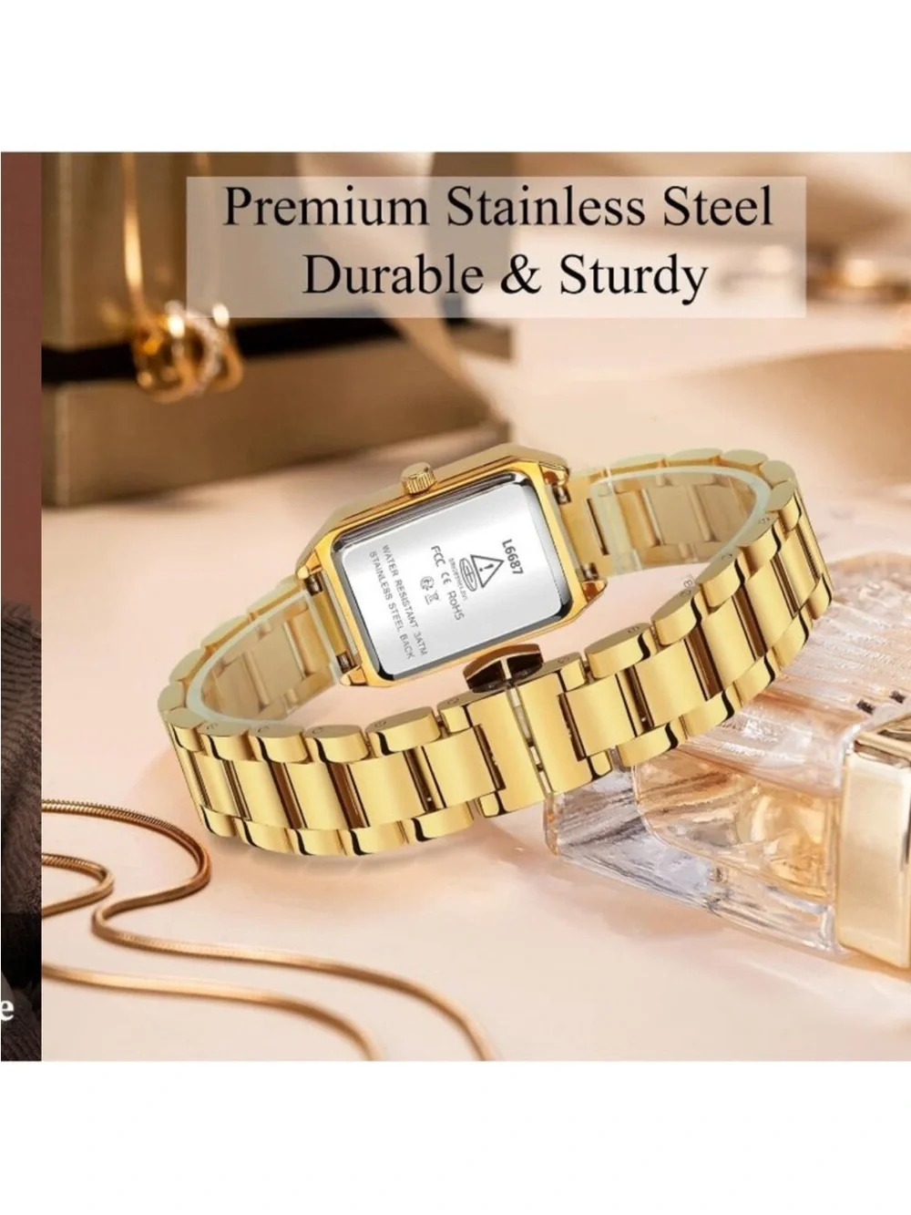 Womens Gold Black Analog Quartz Stainless Steel Waterproof Luxury Bracelet Watch